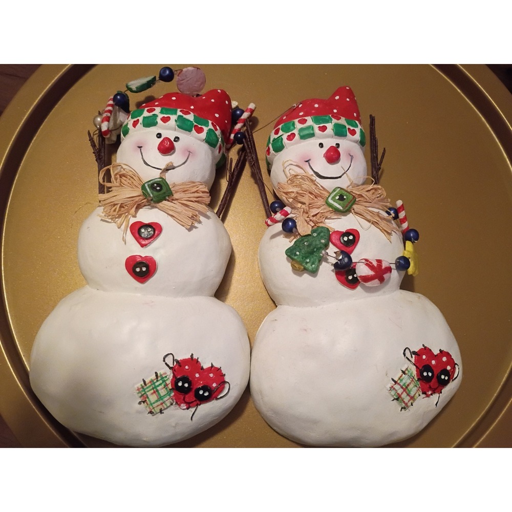 Vintage Rustic Snowman Wall Hanging Decor Set of 2 Christmas Folk Art 11 Inch